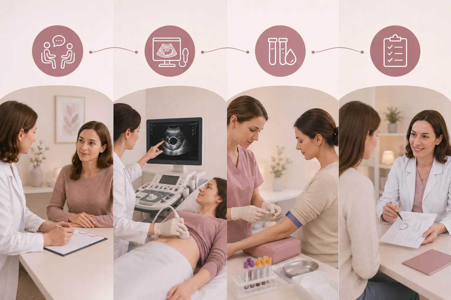 Vier Schritte der Kinderwunsch-Abklärung, nebeneinander dargestellt: das Erstgespräch, die Zyklusdiagnostik per Ultraschall, die Blutabnahme für die Hormonwerte und die Besprechung der Befunde.