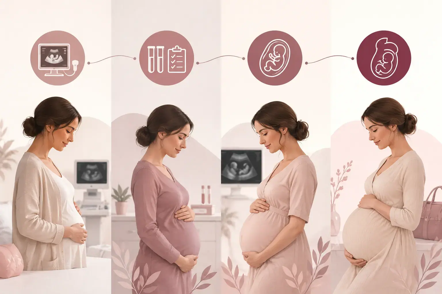 Vier Abschnitte einer Schwangerschaft, nebeneinander dargestellt: Ultraschall beim ersten Termin, Laboruntersuchung im ersten Drittel, Organscreening im zweiten Drittel und die letzten Wochen vor der Geburt.